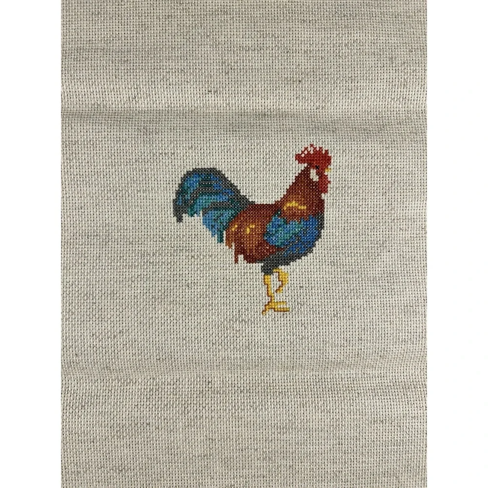 Vtg Pair Completed Cross Stitch Rooster Hen Chicks on Linen Unframed 11.5